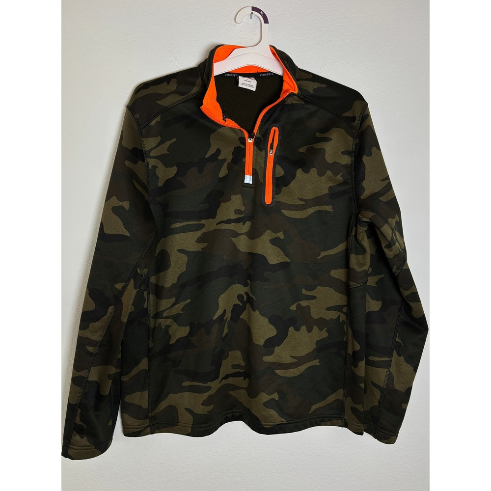 Russell Athletic Mens Camo Quarter Zip Pullover Fleece Jacket Orange Trim Medium